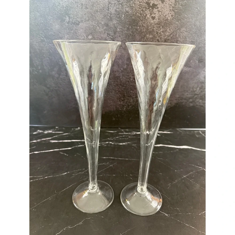 PAIR (2) Trumpet Hollow Stem Diamond Swirl 10 1/8in Champagne Glasses